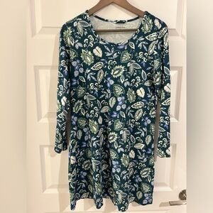 Lands End Long Sleeve Dress Blue Green Leaf Print Size M